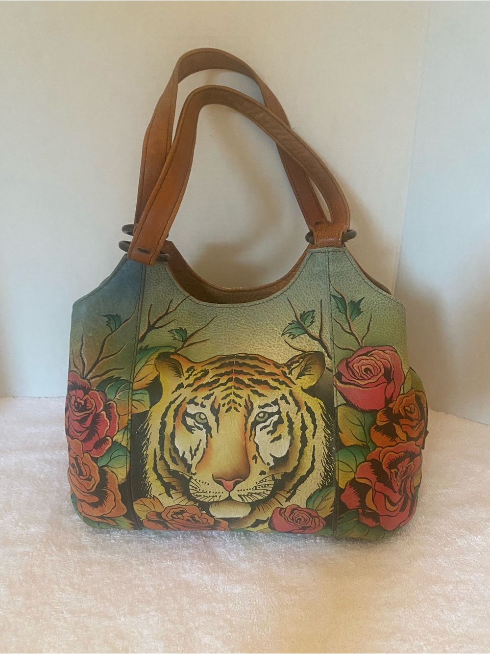 RARE Anuschka Hand Painted Leather Tiger & Roses Floral Hobo Shoulder Bag 14959